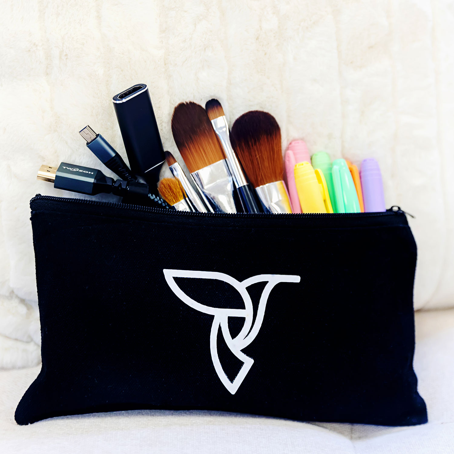 Black cotton pencil/makeup/cable case with Createry bird logo