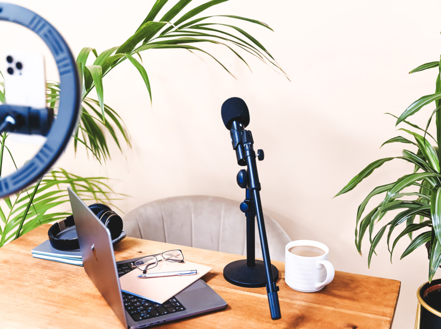 Podcast desk setup