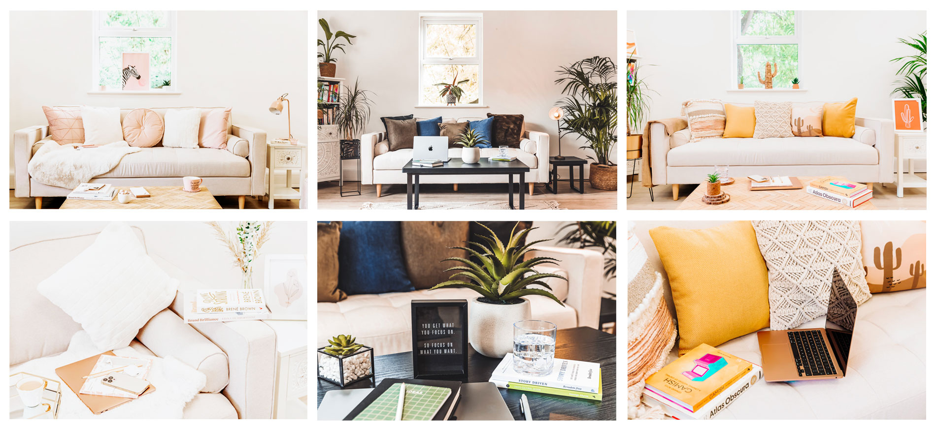 Examples of the coworking space set up with a neutral lux theme, a darker toned look, and a fun brown and yellow cactus theme.