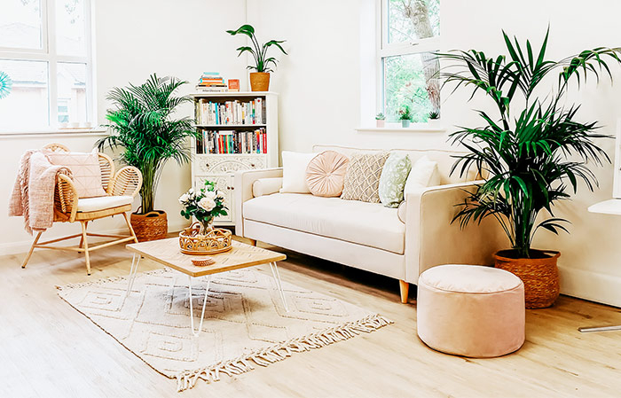 Sofa with coffee table and large plants.